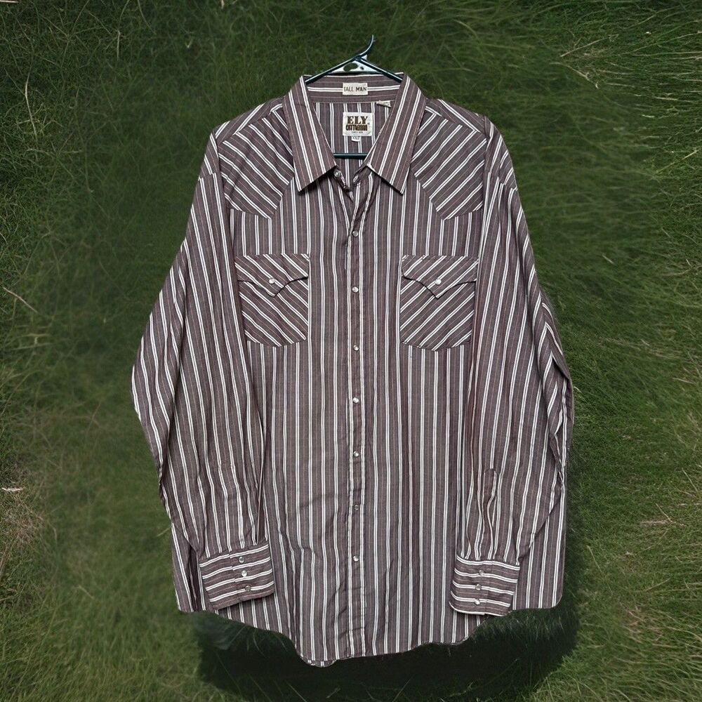 Ely Cattleman Mens 2XLT Tall Man Gray Striped Western Pearl Snap Long Sleeve